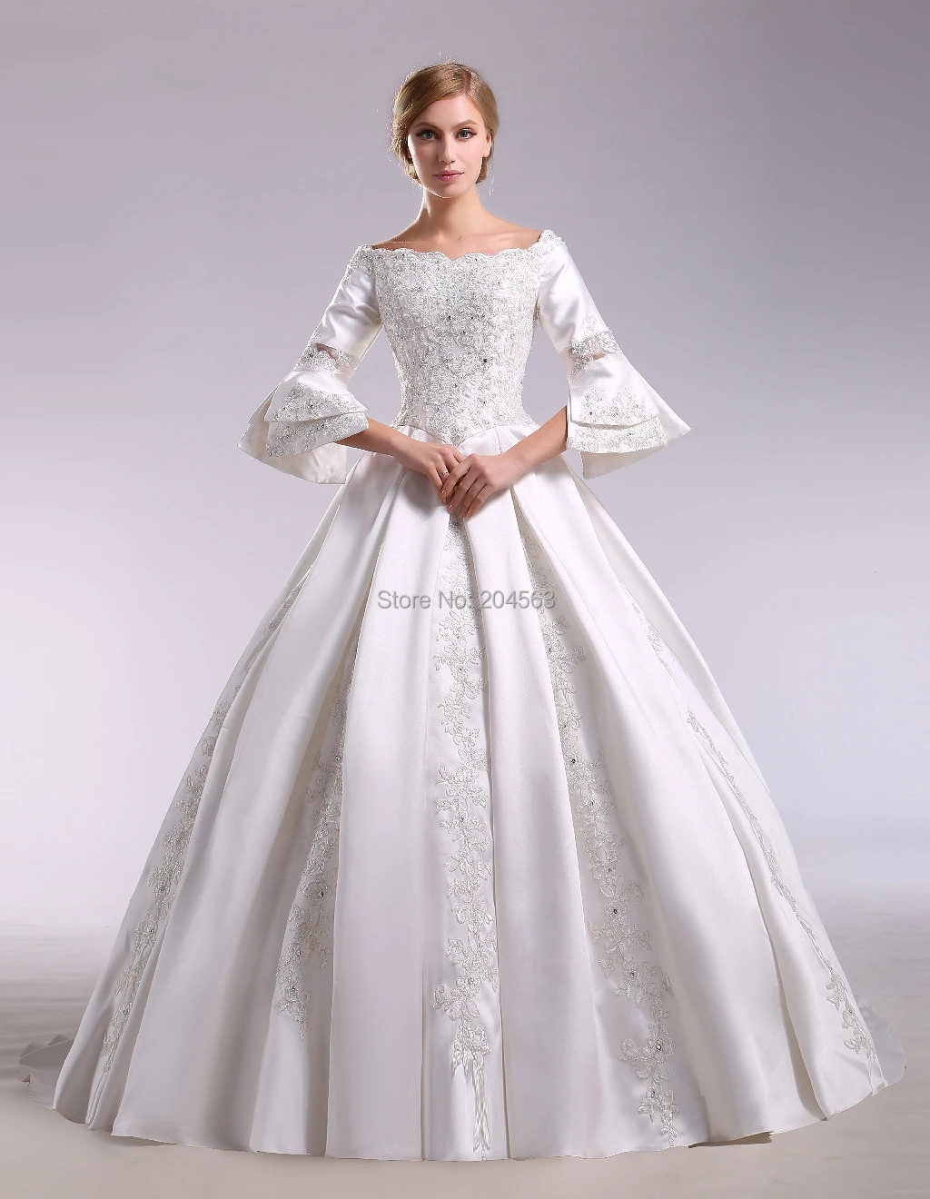 

ZL 2019 Vintage Wedding Dresses Popular Satin Ball Gown with Appliques and Beads custom size&color