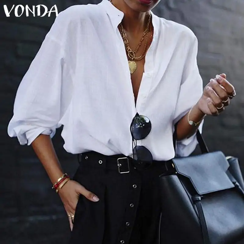 

VONDA Women Blouses 2019 Summer Sexy V Neck Lantern Sleeve Blusas Fashion Office Lady Solid White Shirts Plus Size Tops