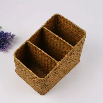 

Natural Handmade Woven Straw Desktop Storage Boxes Office Remote Control Key Storage Grid Mesh Baskets Small Wicker Storage Box