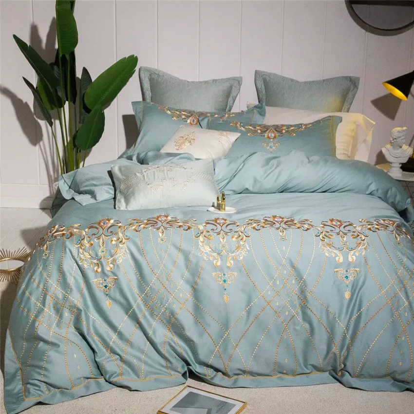 4/7 шт. Queen King size из египетского хлопка синий класса люкс с вышивкой Постельное
