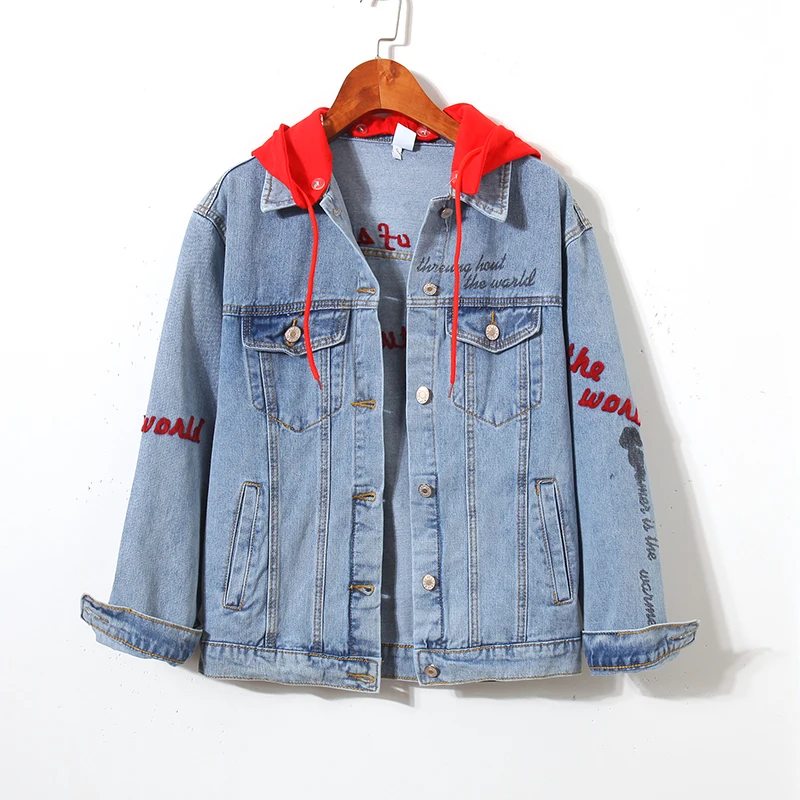 Ideal  #3132 Jeans Jacket Women Hooded Casual Jaqueta Bomber Denim Jacket Embroidery Letters Streetwear Ha