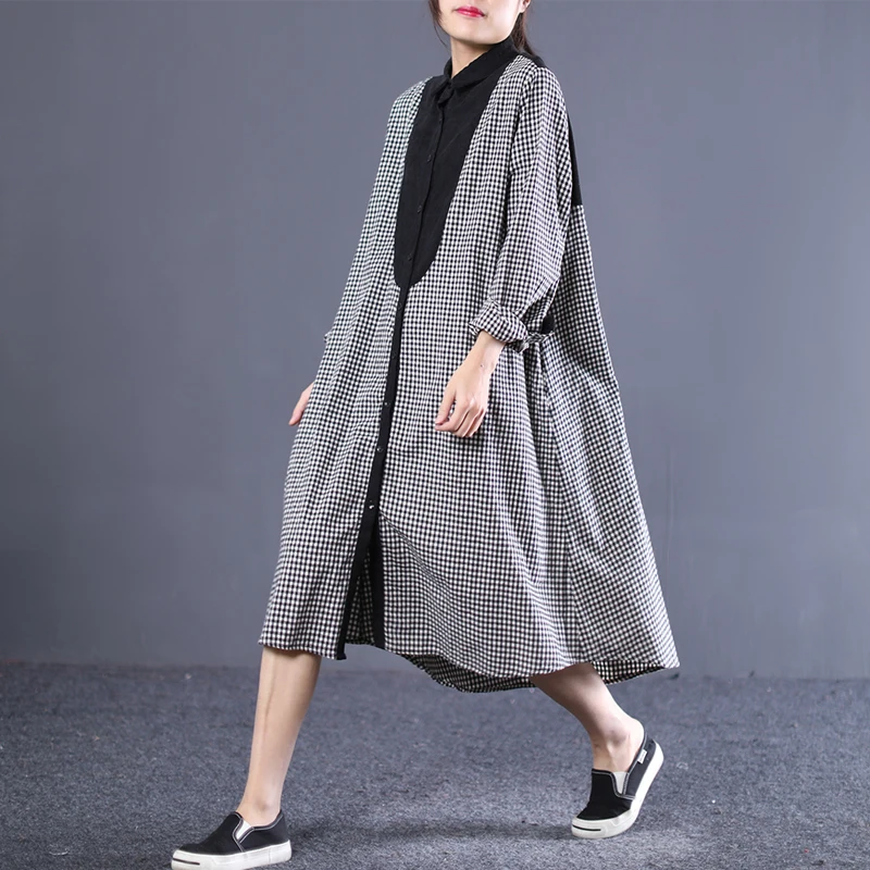 

[EWQ] 2019 Spring New Pattern Korean Long Sleeve Patchwok Leisure Time Lattice Loose Big Plus Size Maxi Dress Ladies MC117