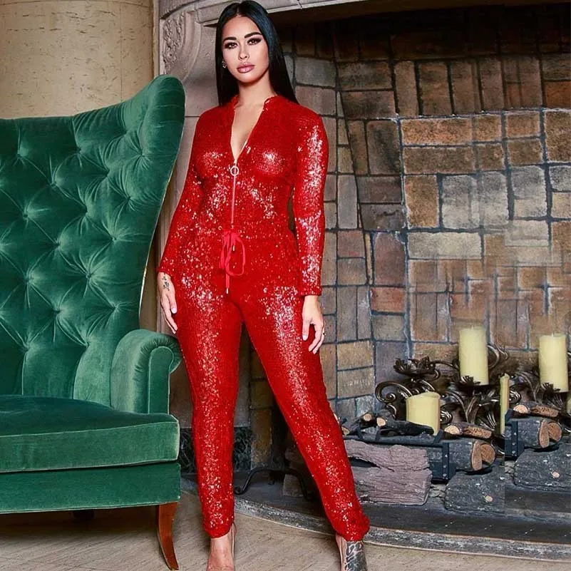 

MUXU red sequin playsuits bodysuit rompers womens jumpsuit long sleeve streetwear one piece sexy body femme womens clothing