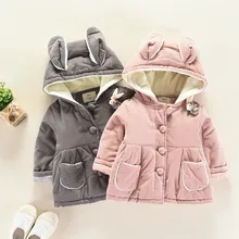 Новая зимняя хлопковая одежда с заячьими ушками, детское плотное теплое шерстяное пальто, куртка, детская Мантия с капюшоном, одежда для маленьких девочек