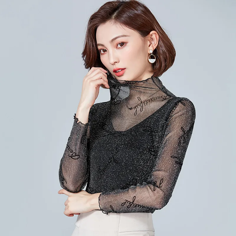 

Sexy Gauze Upper Garment Woman 2019 Spring Thin Tops T-shirt Long Sleeve Basic Shirt Slim Inside Georgette Bright Silk