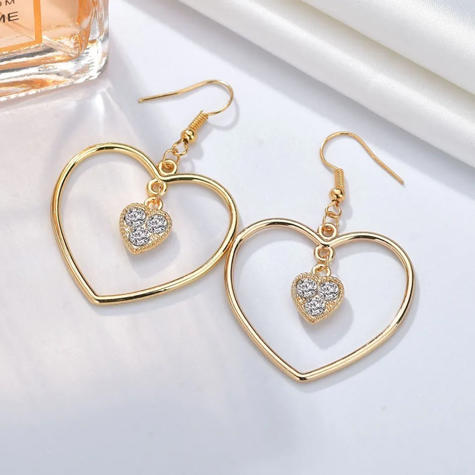 

Shinning Rhinestone Heart Dangle Statement Earrings For Women Girls Great Trendy Elegant Engagement Earrings Gold