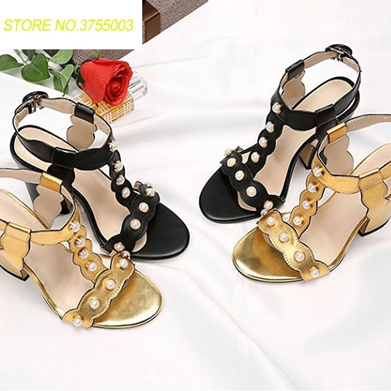 

2018 Summer Real Leather Studded Pearl Gold Black Ankle Straps Women Gladiator Party Sandals Thick High Heels Plus Size 43 Shoes
