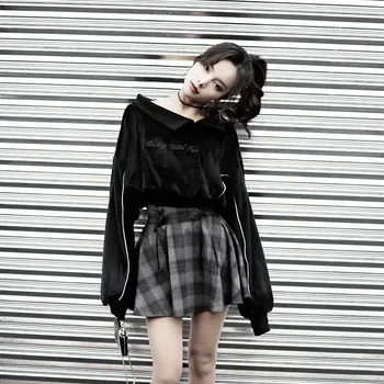

Gothic Letter Embroidery Women's Sets Lantern Sleeve Velvet Sweatshirt And High Waist Bandage Mini Plaid Skirt 2 Piece Set