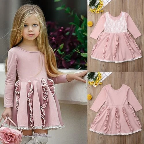

New Kids Baby Flower Girls Party Dress Wedding Bridesmaid Dresses Princess New Baby Girl Clothes Long Sleeve Sweet Lace Dress