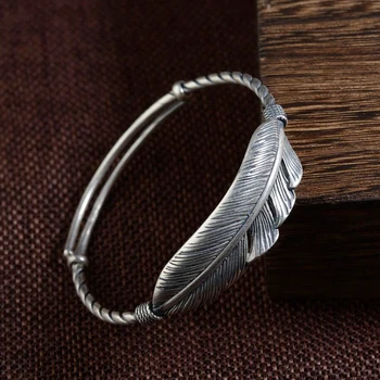 

925 Sterling Silver Fashion Jewelry Retro Feather Adjustable Bracelet Bangle Women A2469