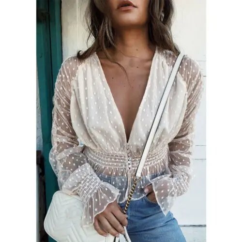 

2019 Sexy Women Blouses See Through Transparent Mesh Deep V Neck Long Sleeve Sheer Blouse Shirt Ladies Tops Ruched Polka Dot