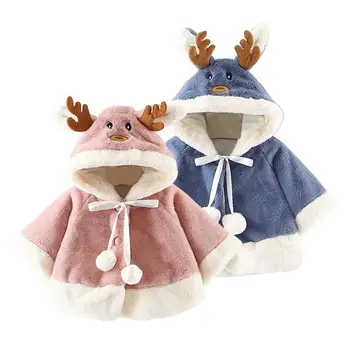 

Cute Christmas Deer Pattern Hooded Cloak Coat Loose Long Sleeve Windproof Outerwear with Pompon Baby Girls Jackets