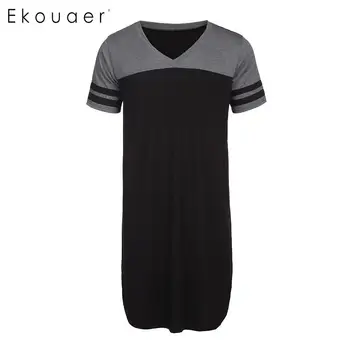 

Ekouaer Men Long Nightshirts Sleepwear V-Neck Short Sleeve Contrast Color Knee Length Loose Nightwear Home Sleepshirts