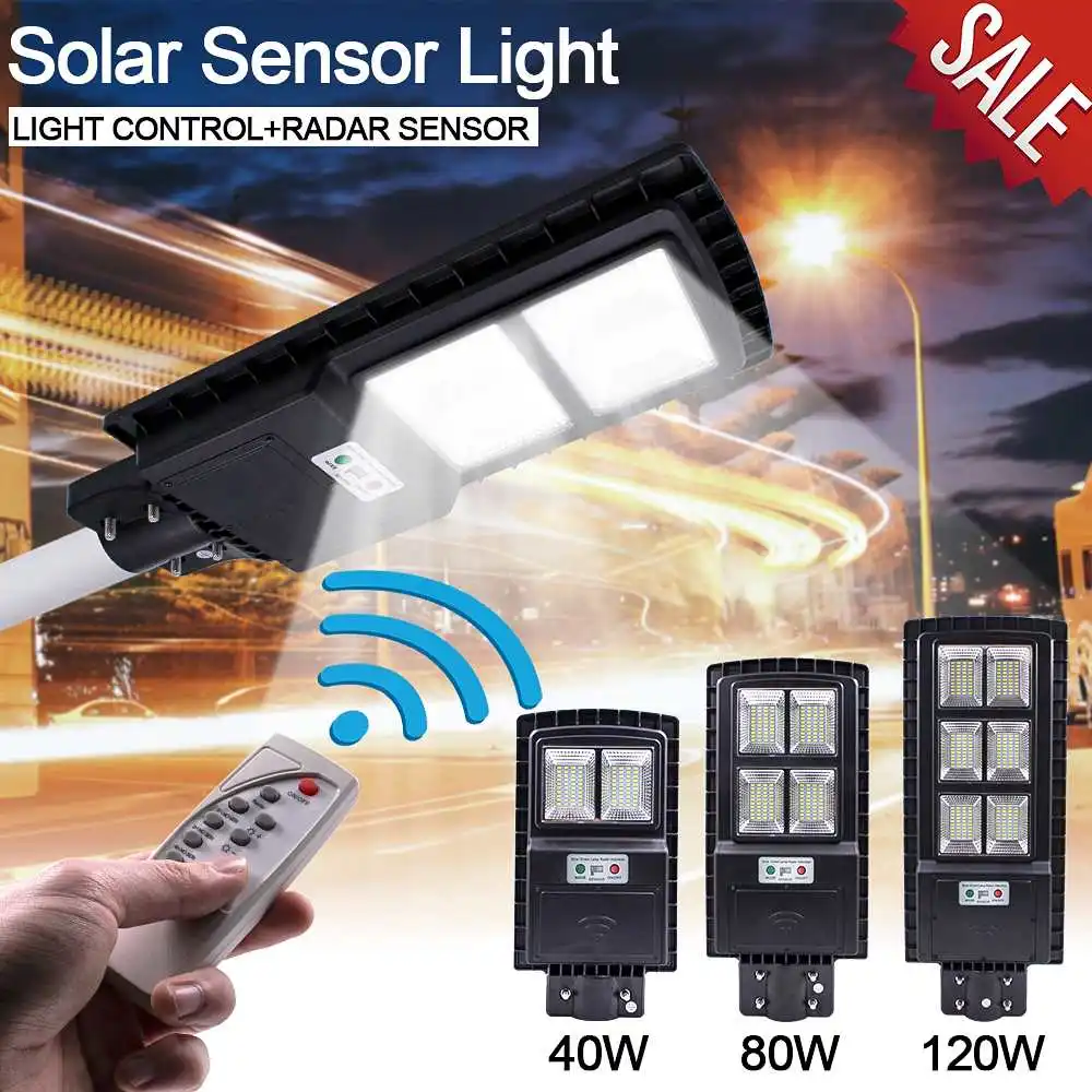 

40W LED WalL Street Light Outdoor Remote Control Radar Motion Timing 3 In 1 Solar Lamp Gray/Black 80 led 5730 Street Lighr