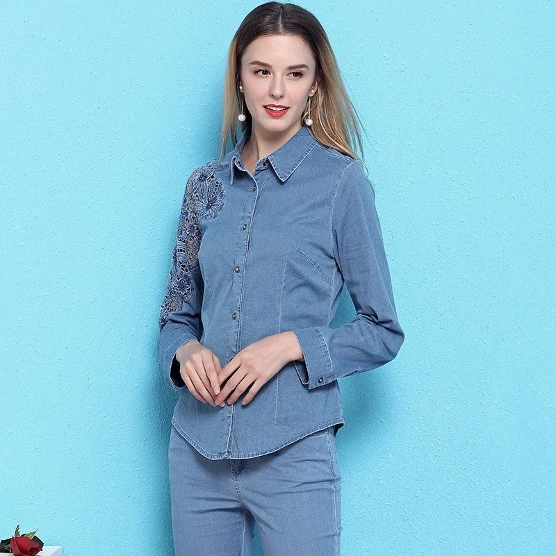  2019 spring and summer new arrival women's fashion hollow out denim shirt long-sleeved slimming cas