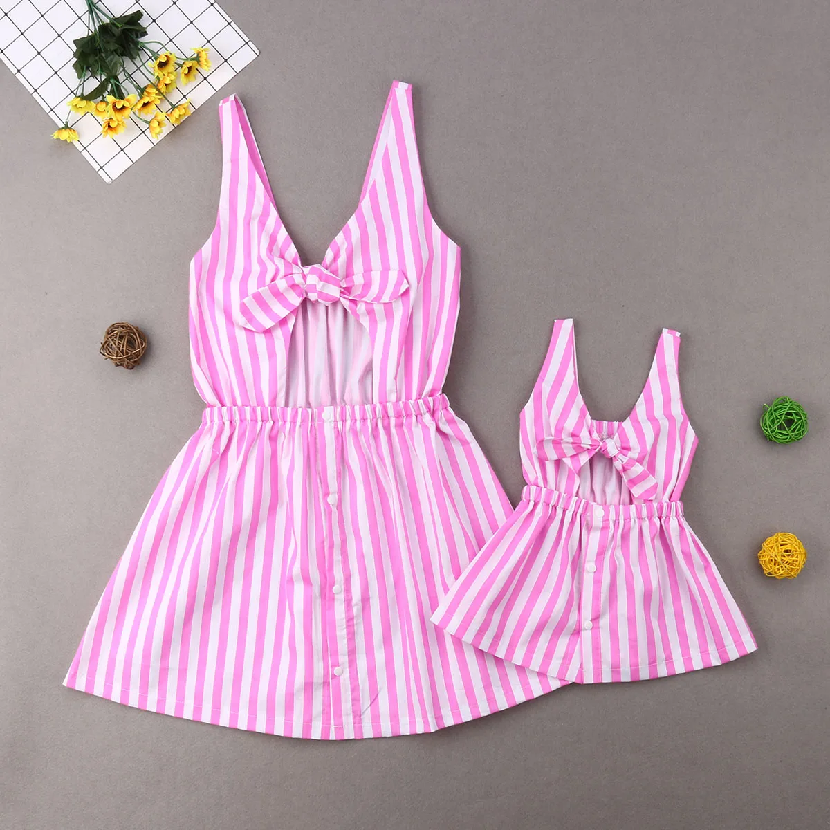 Brand New Mom and Daughter Girl Cute Summer Family Dress Sleeveless Bowknot Pink Striped Knee-Length A-Line Dress Sundress