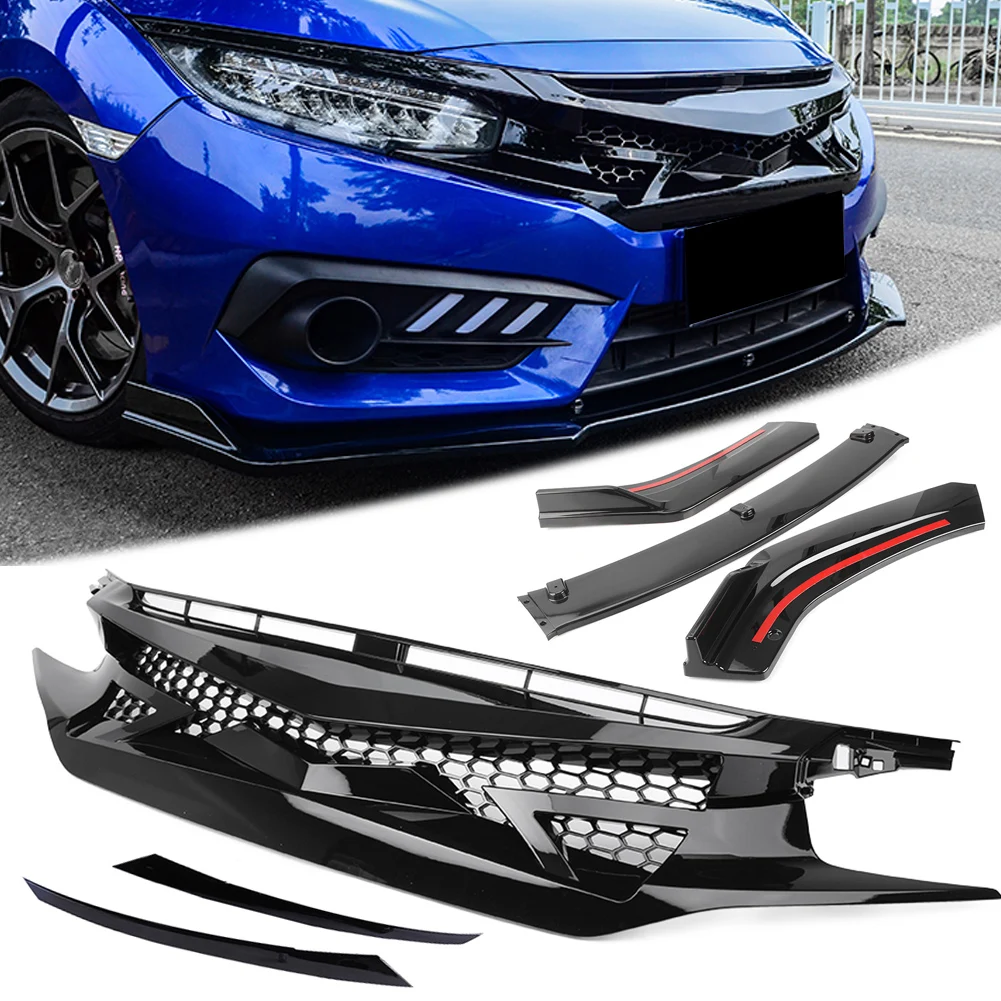  Auto Car Mesh Front Hood Grille + Front Bumper Cover Lip For Honda Civic 2016 2017 2018 All Models 
