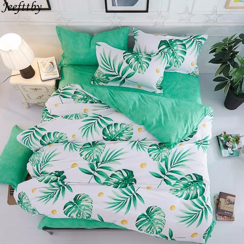 

New Home Luxury Green Leaves Bedding Set 3/4pcs Duvet Cover Flat Bed Sheets +Pillowcase Queen Full Twin Child Adult Bedclothes
