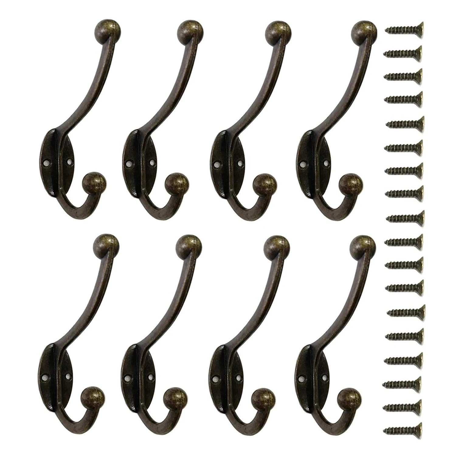 

New 8 pieces of heavy duty coating hook wall hanging tool double hook antique hook retro double hook hanger with 18 pcs screws