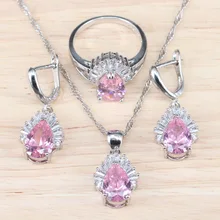 3 шт серебро 925 Свадебный розовый камень набор украшений для женщин с ожерельем Серьги Кольца Подвески для свадьбы