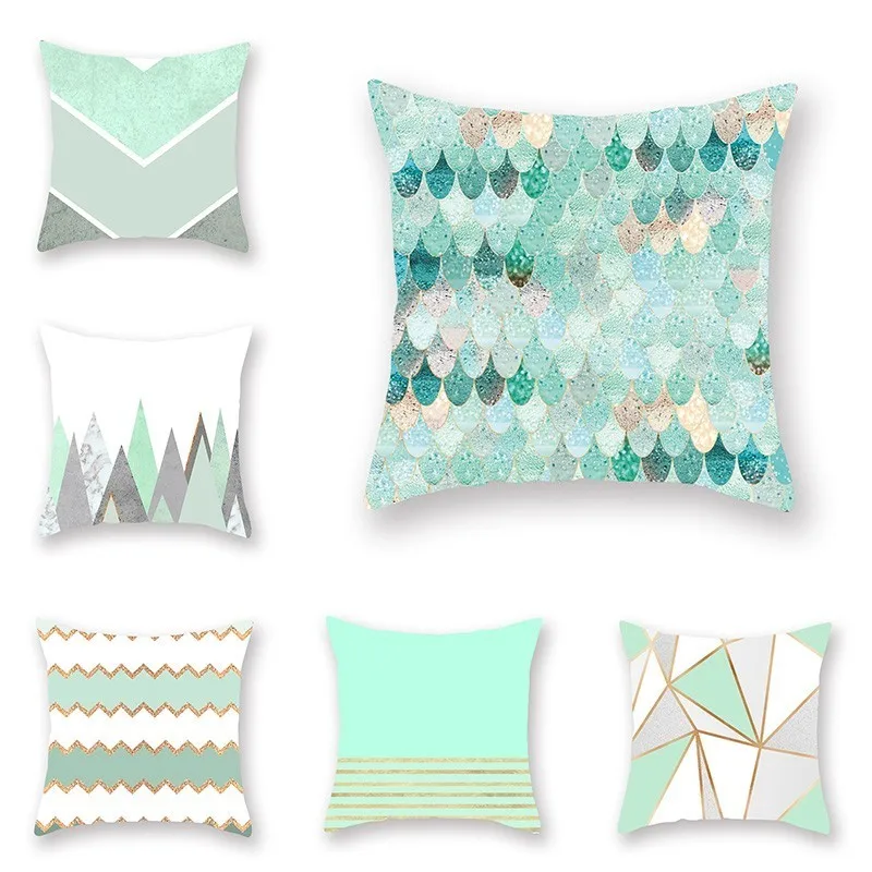 

Geometric Cushion Cover Green and White Polyester Throw Pillow Case Striped Dotted Grid Geometric Art Square Pillow Cover Hot
