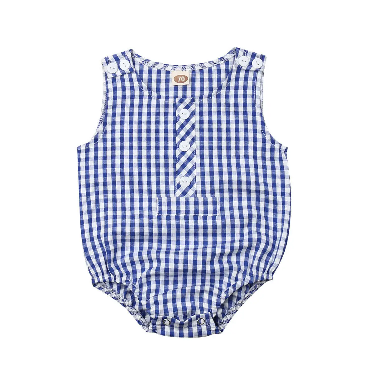 

0-24M New Summer Baby Girl Boy Plaid Bodysuits Sleeveless Blue Jumpsuit Summer Outfits Set