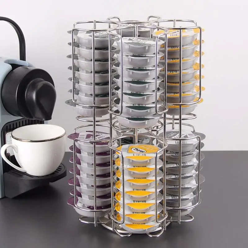 

64 Pod Rotatable Coffee Capsule Storage Holder Metal Tower Display Stand Iron Chrome Plating Stand Coffee Capsule Storage Rack