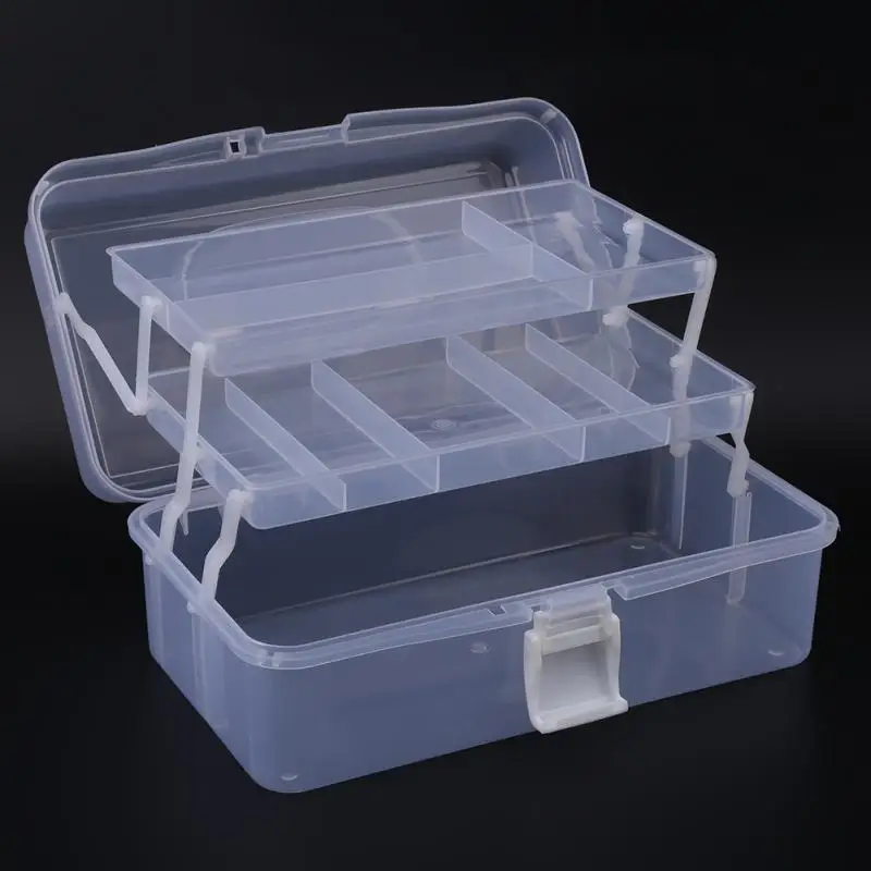 Прозрачный пластиковый складной трехслойный ящик для хранения, органайзер для инструментов, чехол-контейнер с ручкой, прозрачный синий инструмент