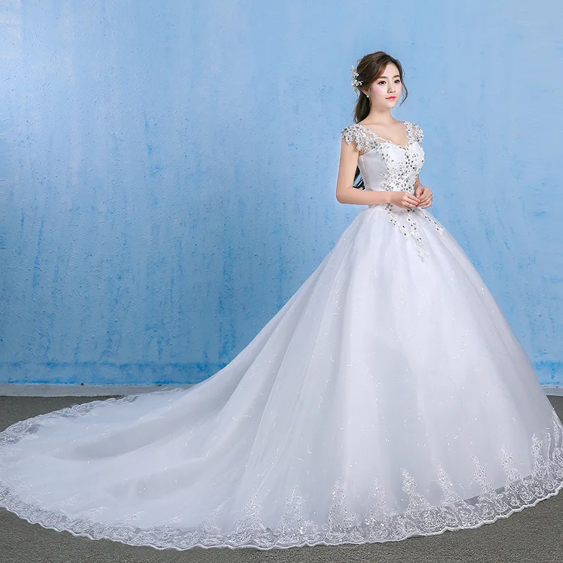 Роскошные свадебное платье 2019 элегантное Пышное Бальное Платье V образным вырезом аппликации из бисера принцесса плюс размеры Свадебные