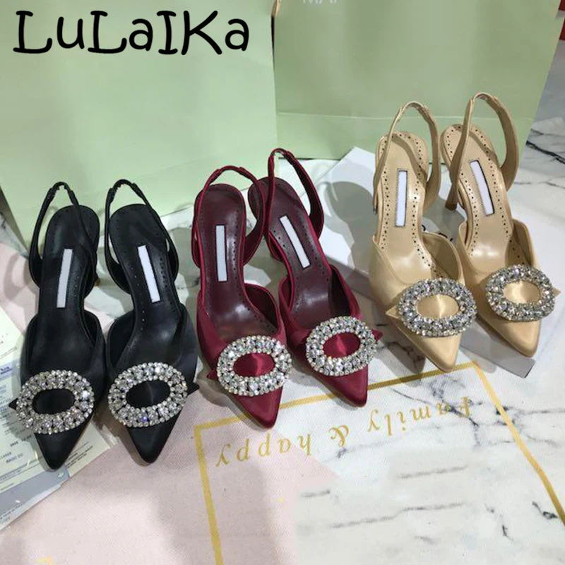 

Summer New Brand Woman High Heels 8cm 2019 Sexy Solid Color Rhinestone Shining Lady Wedding Party Sandals Shoes