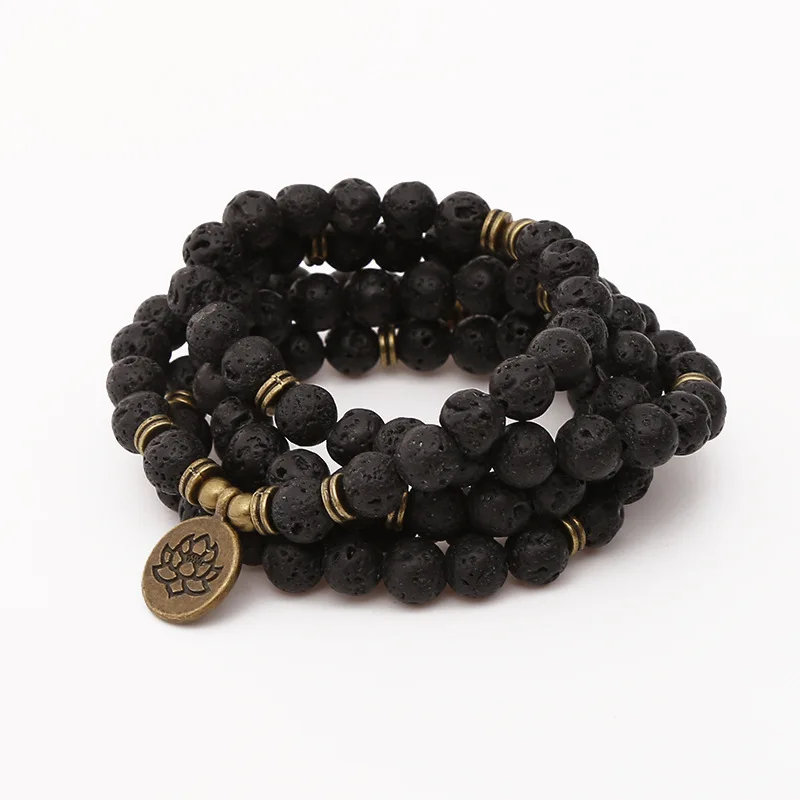 Buddha Lotus Mala Bracelet 108 Beads 8 mm Lava Rock Stone Strand Charm for Women Men