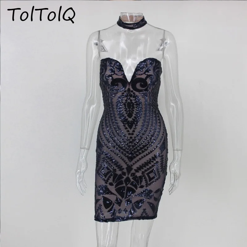 TolTolQ новые сексуальные шикарные платья с блестками Топ без спинки модное Клубное