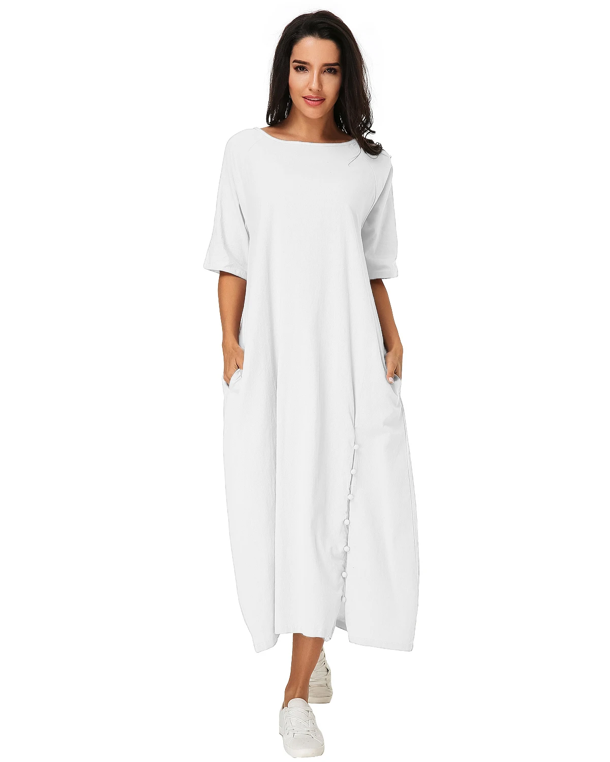 Vintage Mid-calf Dress Women 2019 Summer Casual Loose O Neck Half Sleeve Solid Vestidos Elegant Lad