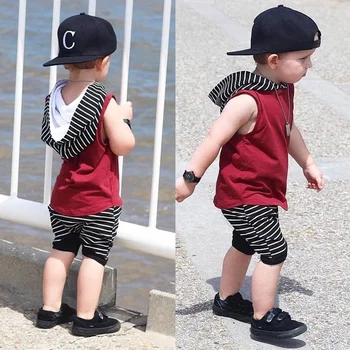 2 pieces Sleeveless Hooded T-shirt and Striped Shorts For Boy Summer Clothes 1