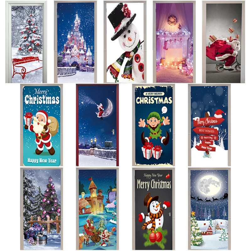 

3D Fantasy Christmas Door Sticker Christmas Tree Santa Claus Gift Pink Fireplace Snowman Street Sign Castle Home Decor Sticker