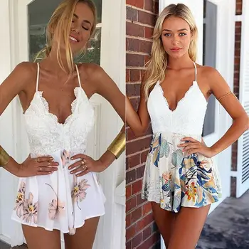 

Ladies Boho Backless Lace Floral Playsuits Women Summer Sexy Sleeveless V-Neck Holiday Playsuit Romper