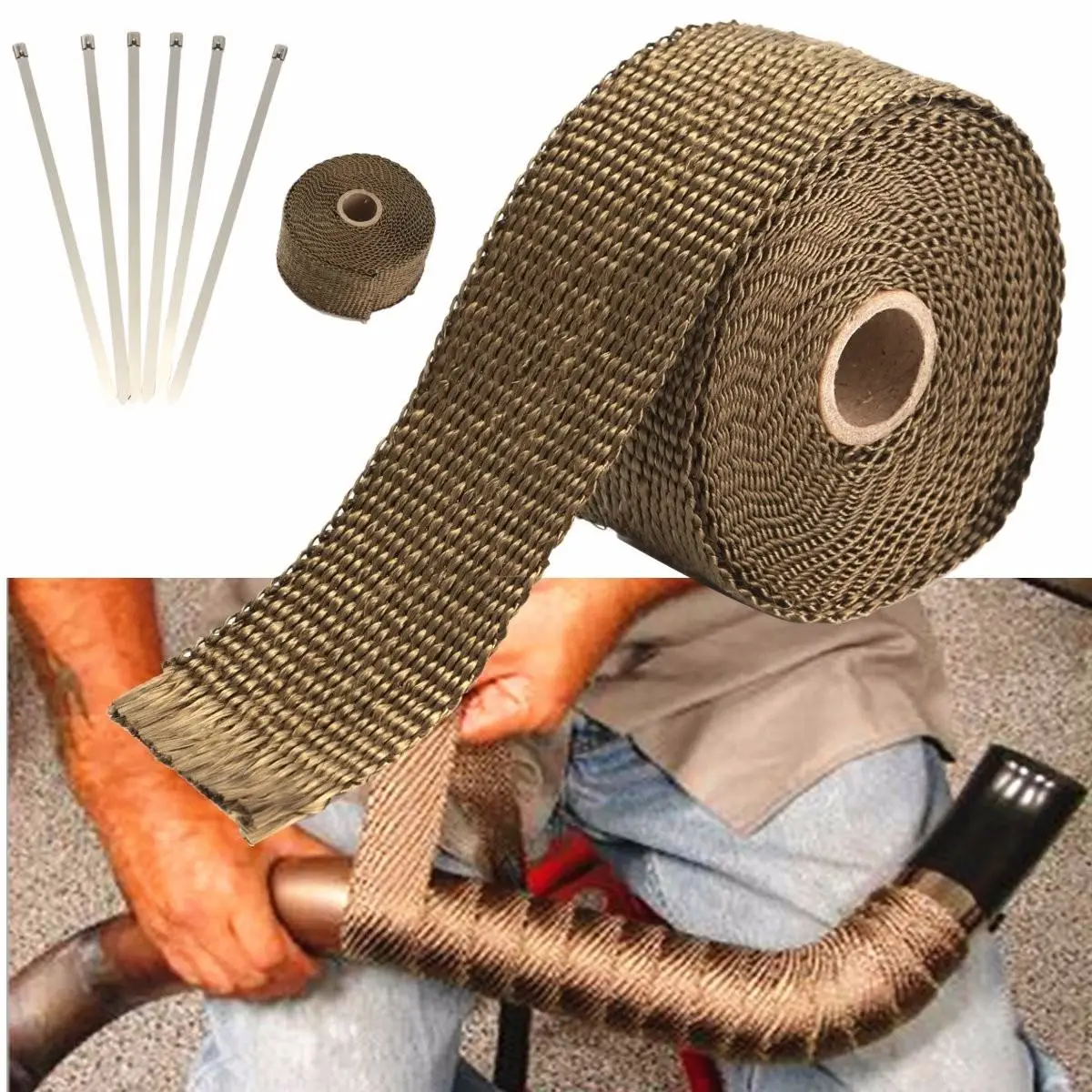 

1PC 5.08cm x 1.59 mm x 5m Titanium Exhaust/Header Heat Wrap Downpipe Insulation Bandage Tape Roll With Stainless Ties Kit