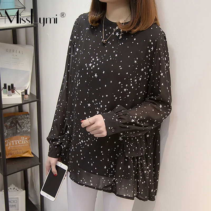 

XL-5XL Plus Size Women Blouses Spring 2019 Long Sleeve Star Printed Loose Casual Ruffle Chiffon Blouse Black Ladies Tops