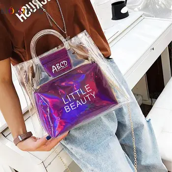 

2pcs/set Chic Transparent Female Women Tote Bags Clear PVC Ladies Crossbody Handbags Bolsa Feminina