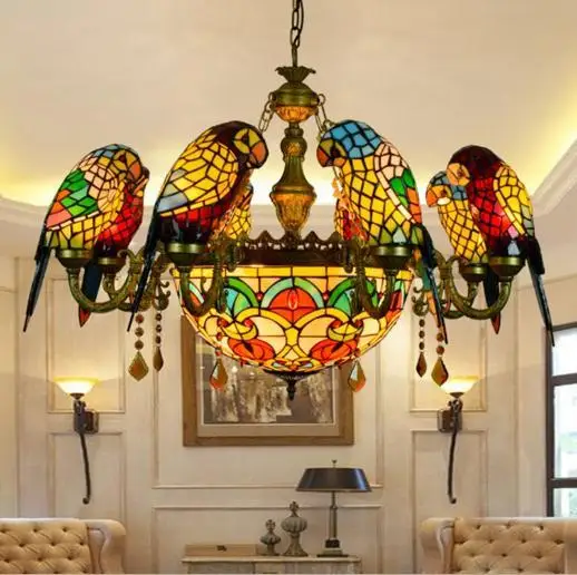 

American Pastoral Tiffany Style Retro Luxury Parrot Bird Pendant Light Stained Glass Bar Living Room Parlor Hanging Lighting