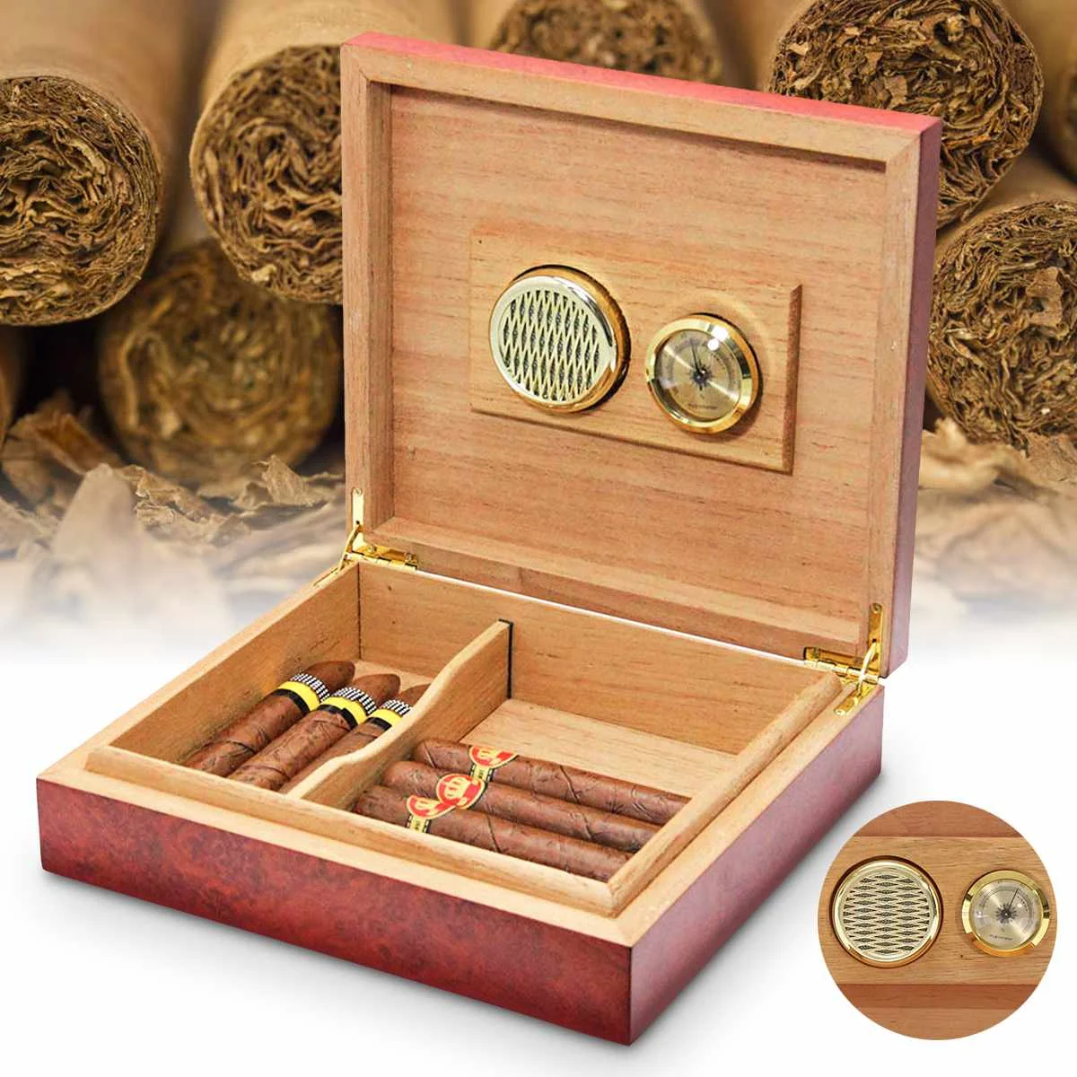 YKPuii 20 Count Brown Cedar Wood Lined Cigar Humidor Humidifier With Hygrometer Case Box with Moisture Meter Moisturizing Device