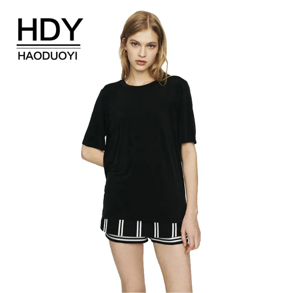 

HDY Haoduoyi Simple Summer Sexy Open-back Loose Leisure Short Sleeve Solid Color Knit T-shirt Black Women New O-Neck Tops