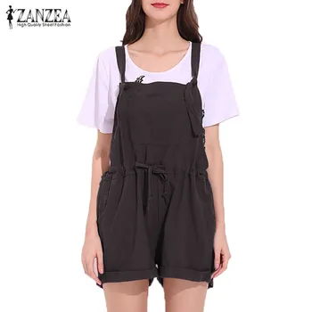 

2019 ZANZEA Summer Shorts Jumpsuits Women Casual Solid Sleeveless Cotton Linen Short Rompers Playsuits Pants Overalls Dungarees