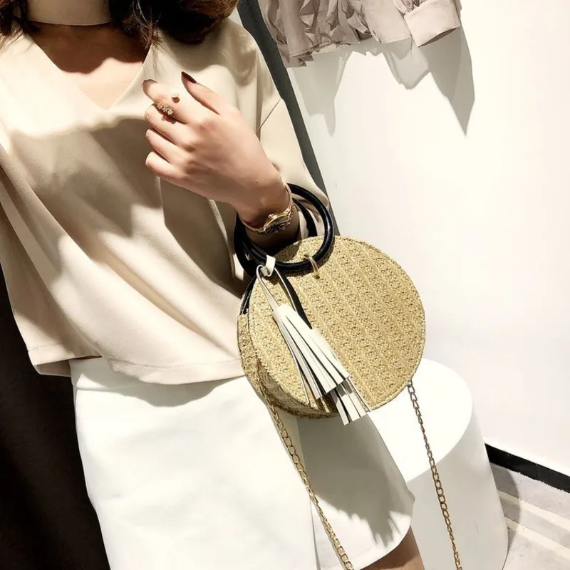 

[Super Seabob] 2019 Stylish Summer Temperament New Yellow Color Single Chain Double Handles Circular Straw Shoulder Bag LM537