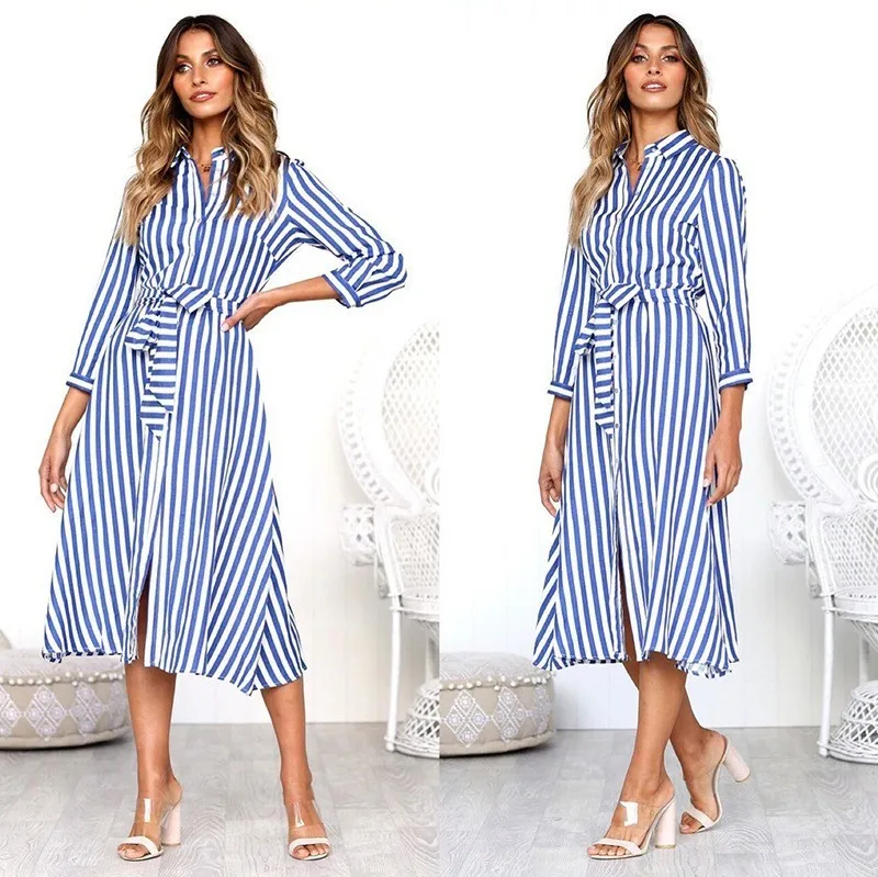 

ZOUHIRC New Blue Striped Long Dress Women Sashes Button Shirt Dress Summer Causal Long Outwear Dress Shirt vestido de mujer