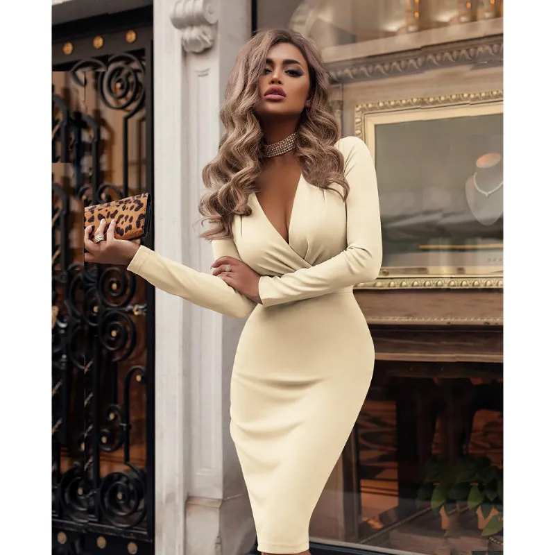 2019 Plus Size Women Bandage Bodycon Dress Office Lady OL Clothes Summer Long Sleeve V Neck Sexy Party Cocktail Short Dress 2019 Plus Size Women Bandage Bodycon Dress Office Lady OL Clothes Summer Long Sleeve V Neck Sexy Party Cocktail Short Dress