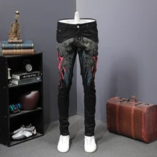 Горячая Распродажа, джинсы для мужчин, мода, весенние, с цветочным принтом, мужские джинсы, облегающие, повседневные, уличная одежда, джинсовые штаны, Мужская одежда, джинсы, Homme