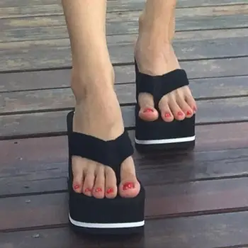 

New Women's Platform Flip Flops Black Wedges Sandals High Heels Skidproof Casual Beach Slippers