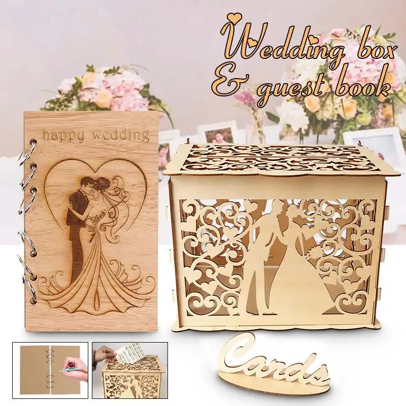 

2019 Wedding Guest Book+DIY Gift Card Box Wooden for Signature Books Couple Wooden For Bride and Bridegroom Wedding Decoration