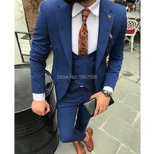 Slim Fit Navy Blue Wedding Men Suits 2019 Notched Lapel Three Piece Double Breasted Vest Jacket Pants Tailed Made Blazer